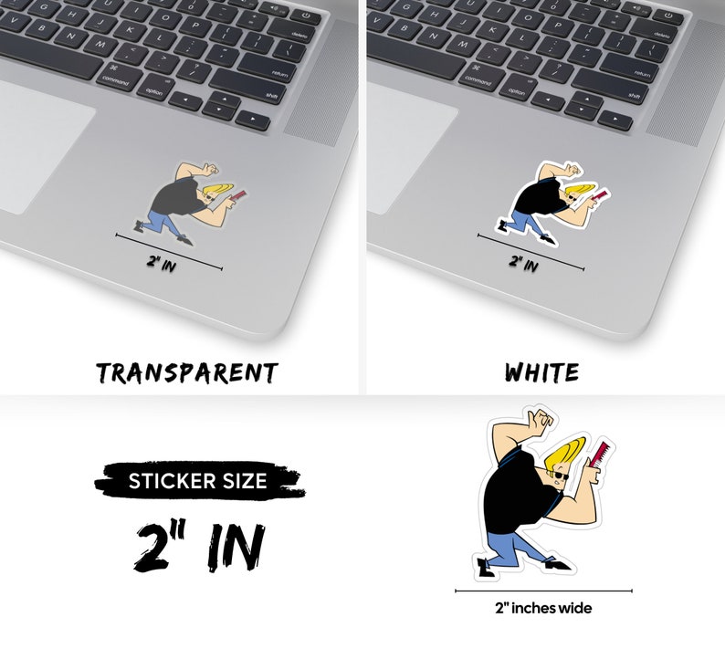 May include: A 2-inch wide sticker featuring a cartoon character in a black shirt and blue jeans holding a red and yellow object. The character has blonde hair and is in a running pose. The sticker is available in transparent and white options.