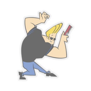 May include: A cartoon illustration of a muscular man with blonde hair, wearing sunglasses and a black shirt, holding a red comb. He is in a dynamic pose, with one arm raised and the other holding the comb.