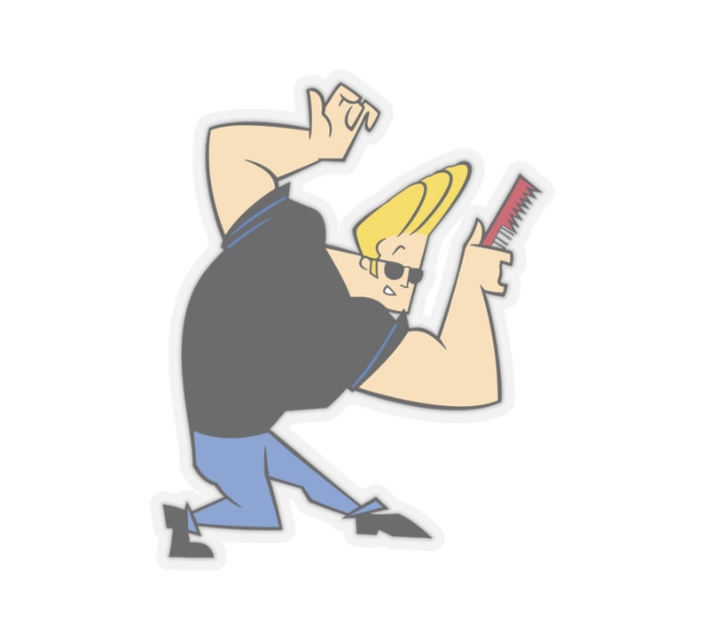 May include: A cartoon illustration of a muscular man with blonde hair, wearing sunglasses and a black shirt, holding a red comb. He is in a dynamic pose, with one arm raised and the other holding the comb.