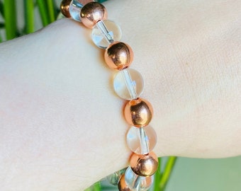 Pulseira de cobre bruto e quartzo transparente: Pulseira elástica de cristal natural