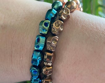 Memento Mori Titanium Natural Hematite Carved Skull and 100% Natural Copper Beaded Bracelet
