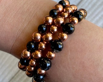 Natural Copper & Genuine Black Tourmaline Stretch Bracelet // Arthritis Relief - Various Designs and Sizes **Made to Order