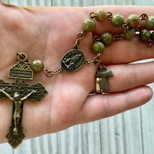 Bronze 8mm Green & Pink Unakite Single Decade Dominican Catholic Rosary - Pardon Crucifix Holy Spirit Our Lady of Fatima Tau Cross