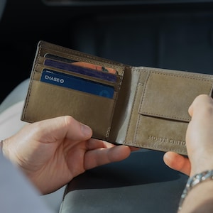 Cartera de piel plegable para hombre en piel italiana de grano completo con bolsillo para monedas - Oliva