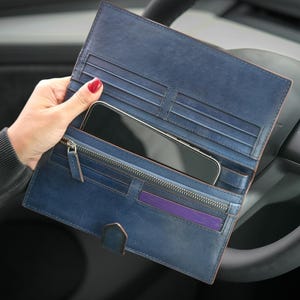 Cartera larga de piel para mujer - Azul