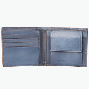 Cartera de piel plegable para hombre en piel italiana de grano completo con bolsillo para monedas - Azul