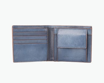 Cartera de piel auténtica para hombre en piel italiana de plena flor con monedero - Azul