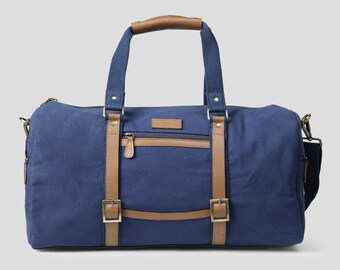 Handmade Blue Canvas Duffel Bag: Leather Accents Travel Bag