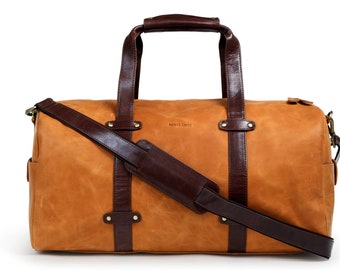 Cognac Full Grain Leather Duffel Bag: Unisex Weekender Travel Bag