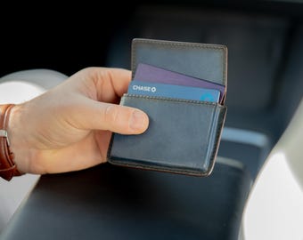 Tarjetero de piel azul: Cartera minimalista de piel italiana de grano completo