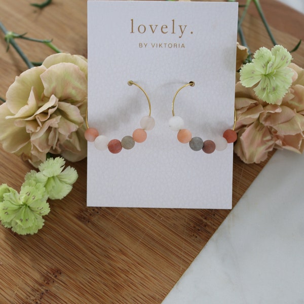 LUNA COLLECTION: Moonstone Matte Beaded Hoops 18k Gold Plated