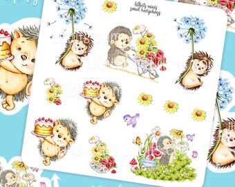 May include: A sheet of 3.2 inch mini stickers featuring cute hedgehogs with various activities, including holding a cake, pushing a wheelbarrow full of flowers, and blowing on a dandelion. The text "lillbits minis sweet hedgehogs" is at the top of the sheet.