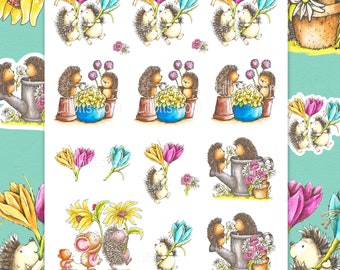 May include: A digital paper sheet with 12 images of hedgehogs with flowers. The hedgehogs are holding flowers, watering flowers, and carrying flowers. The flowers are pink, purple, yellow, and blue. The text "Lilbits.com LBC - HB04" is at the top of the sheet.