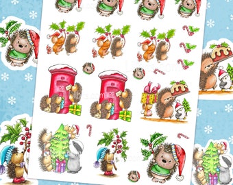 May include: A sheet of Christmas themed stickers featuring hedgehogs in various holiday scenes. The stickers include hedgehogs wearing Santa hats, delivering mail, decorating a Christmas tree, and carrying Christmas pudding. The text "Christmas Hedgehogs" and "Lillbits.com" are printed on the sheet.