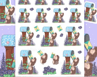 May include: A digital paper pack with a repeating pattern of hedgehogs delivering mail. The hedgehogs are brown with light brown noses and are holding envelopes. The mailboxes are blue with white polka dots and a heart on the front. The background is white with purple flowers.
