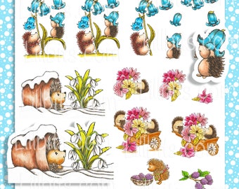 Cute Sticker Sheet - Little Hedgehog Blooms Sticker Sheet, Journal Stickers, Hedgehog stickers, cute stickers, floral stickers