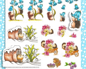 Cute Sticker Sheet - Little Hedgehog Blooms Sticker Sheet, Journal Stickers, Hedgehog stickers, cute stickers, floral stickers