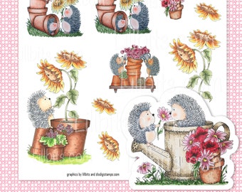 May include: A digital stamp sheet featuring illustrations of hedgehogs in various garden settings. The sheet includes hedgehogs watering flowers, hedgehogs in flower pots, and hedgehogs with sunflowers. The sheet is titled "Lillbits.com LBC-HB03".