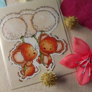 Leuke sticker - muizen zwevend met paardebloemen - glanzende vinylstickers - enkele muizen gestanste sticker
