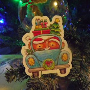 Leuke gestanste kerststicker - Driving Home for Christmas - glanzende vinylsticker - losse stickers