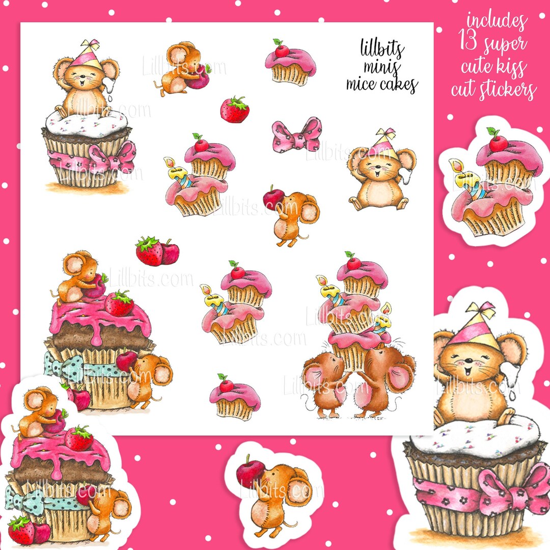 Cute Sticker Sheet - Cupcake Mice Mini Stickers - Lillbits Minis ...