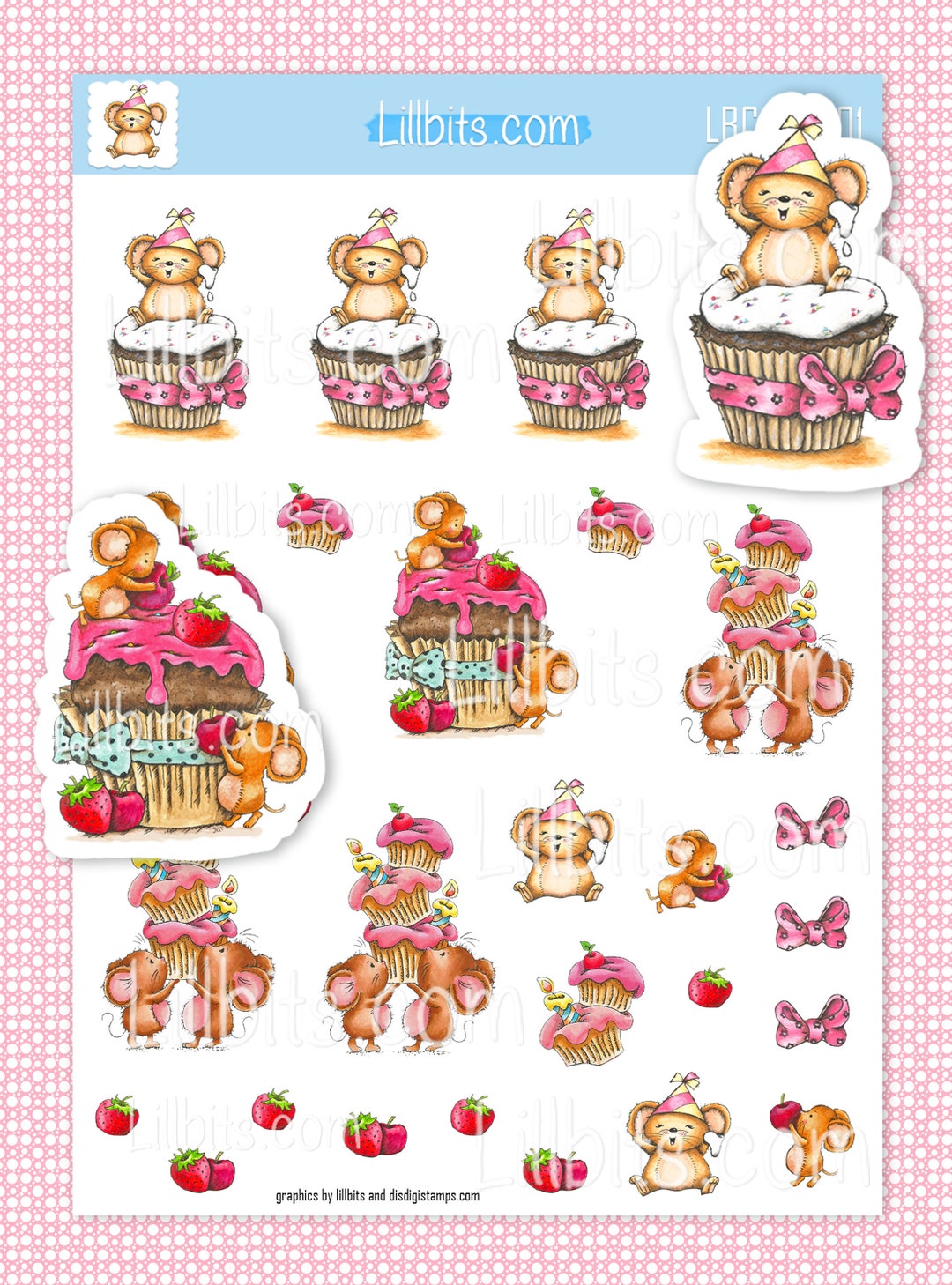 Cute Cupcake Sticker Sheet - Little Cupcakes and Mice Stickers ...