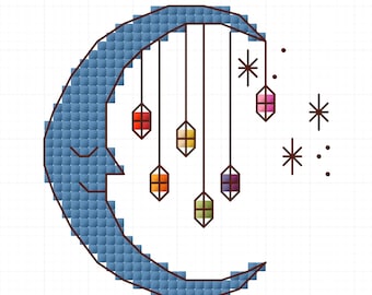 May include: Cross-stitch design of a smiling blue crescent moon with hanging, colorful lanterns. The lanterns are red, orange, yellow, green, and purple. Three stars and three dots are also included in the design.