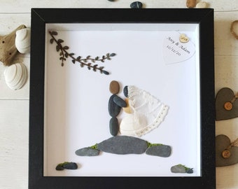 Personalized Pebble Wedding Art, Handmade Framed Anniversary Gift