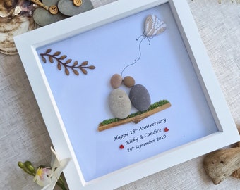 13th Anniversary Personalised Pebble Art Frame – Lace Anniversary Gift for Couple – Custom Names & Date Picture – Handmade Wedding Keepsake.