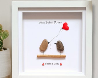 Personalised Wedding Pebble Art Picture, Love Being Yours Him & Her Framed Pebble Art With Name, Wedding  Valentine Pebble Bird Art Gift,