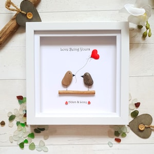 Personalised Valentine&#39;s Day Pebble Artwork Gift, Personalised Pebble Frame, Valentine&#39;s Gift for Her, Valentines Gift for him, Bird Art