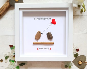Personalized Valentine's Pebble Bird Art, Framed Anniversary Gift
