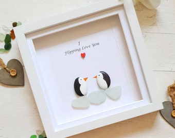 Penguin Pebble Art, Valentine Couple Pebble Art Gift, Sea Glass Wall Art, Penguin Art, 1st Anniversary Gift For Wife, 1st valentine Gift