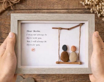 Handmade Pebble Art Friendship Frame – Best Friend Gift – Rustic Wooden Keepsake – Meaningful Bestie Decor
