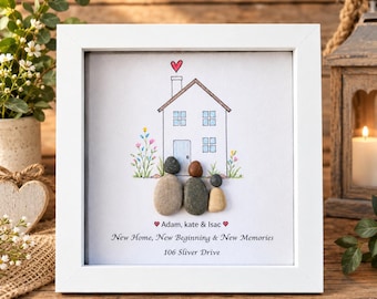 Personalised Pebble Art Housewarming Gift, Framed Family Picture, New Home Wall Art