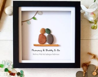 Personalised Pregnancy Gift, Baby Shower Gift, New Parents Pebble Art Picture, Mummy & Daddy To Be Gift, Sea Glass Art,  Family Pebble Art,