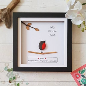 Graduation Pebble Art Gift, 18th Birthday Gift, Collage Graduation Gift For Her, Encouragement Gift, Robin Art, Framed Pebble Art Gift.