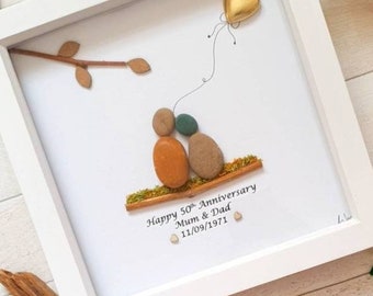 50th Gold Wedding Anniversary Pebble Art Frame, Parents Personalised 50th Anniversary Gift, Pebble Art Frame, 50th Anniversary Pebble Art