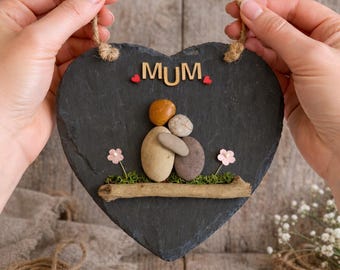 Pebble Art Mum Gift: Slate Heart, Mother & Child