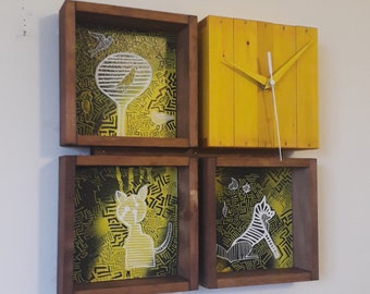 Painted wooden clock. Acrylic markers and spray.