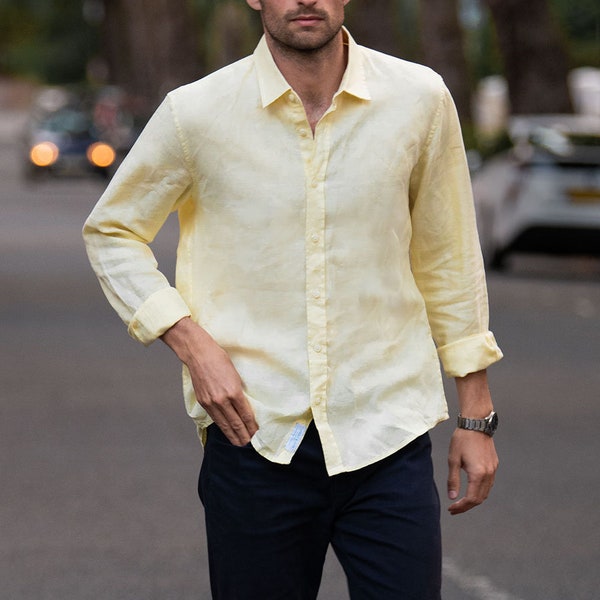 Chemise en chanvre | Chemise en chanvre jaune aube pour homme | Vêtements 100 % chanvre