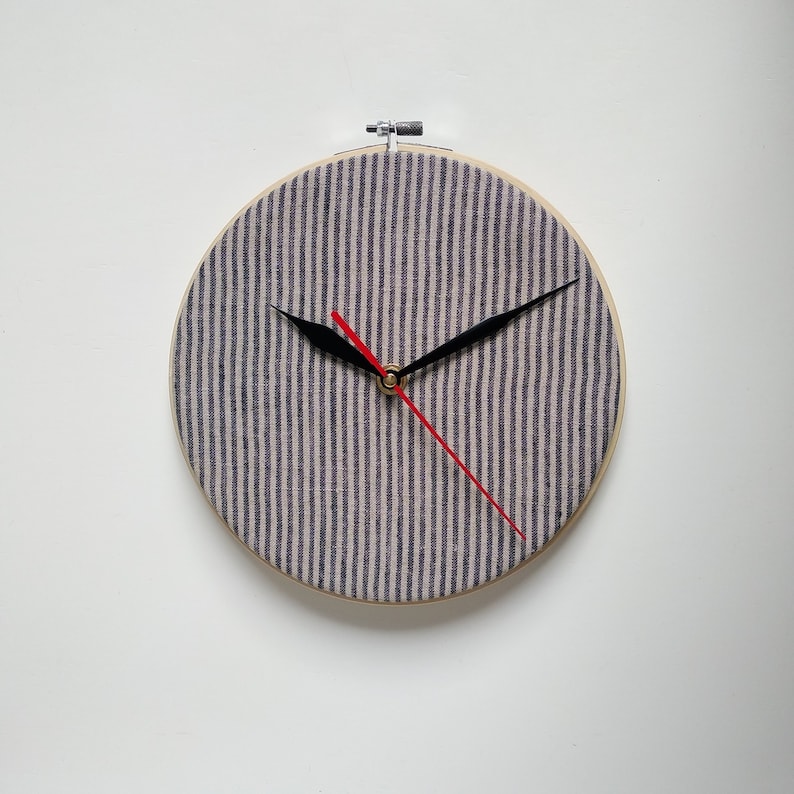 8 Wall wooden round clock in the embroidery hoop covered with gray striped natural linen material