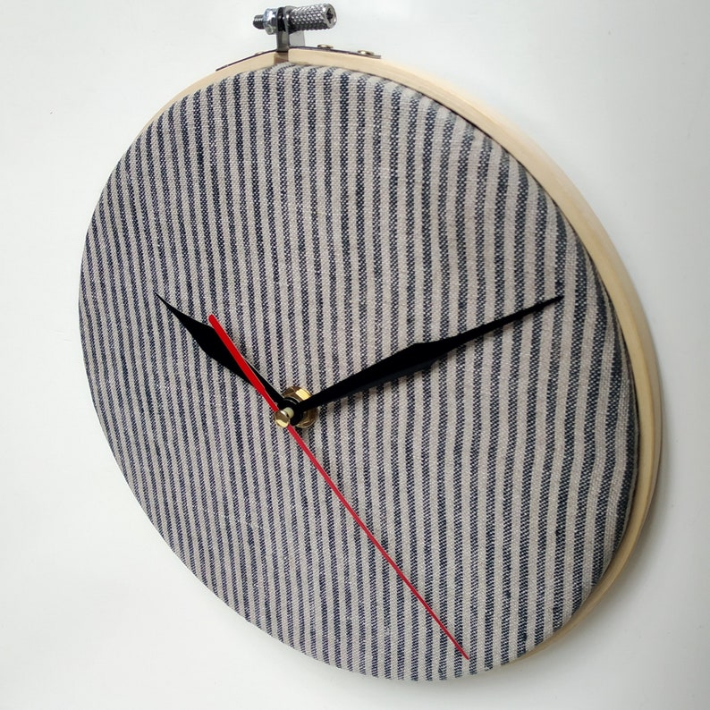 8 Wall wooden round clock in the embroidery hoop covered with gray striped natural linen material