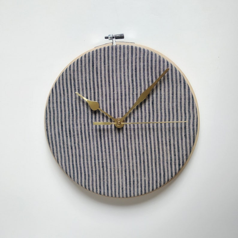 8 Wall wooden round clock in the embroidery hoop covered with gray striped natural linen material