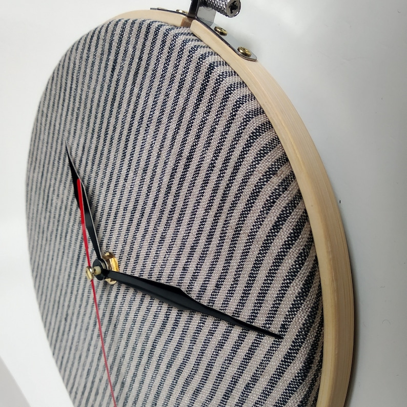 8 Wall wooden round clock in the embroidery hoop covered with gray striped natural linen material