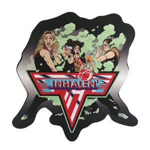 May include: A black and silver sticker with a green, red, and white logo that says "Inhalen'" and features a cartoon image of four people blowing green smoke.