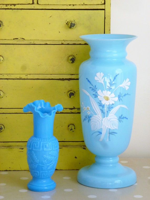 Antique Blue Milk Glass Vase with HandPainted Floral Etsy