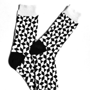Black and white kinetic pattern socks, Size 42-45, funny socks, funky socks, stylish crew socks