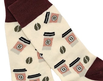 Hot coffee beverage cups socks, coffee beans and mugs design, eco friendly cotton socks