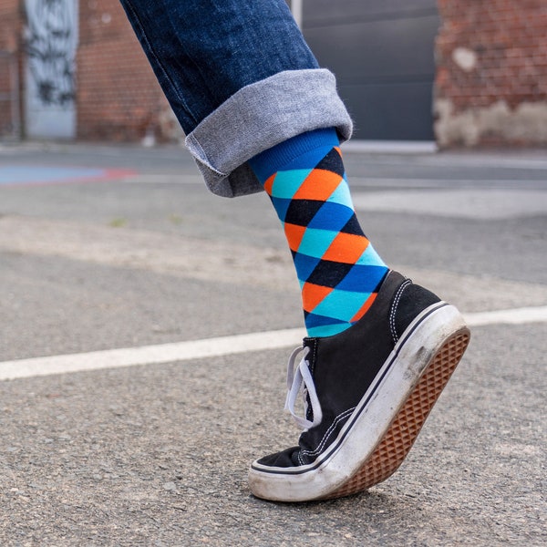 Tartan checkered socks, blue orange socks, funky colorful modern socks, stylish crew socks, warm socks